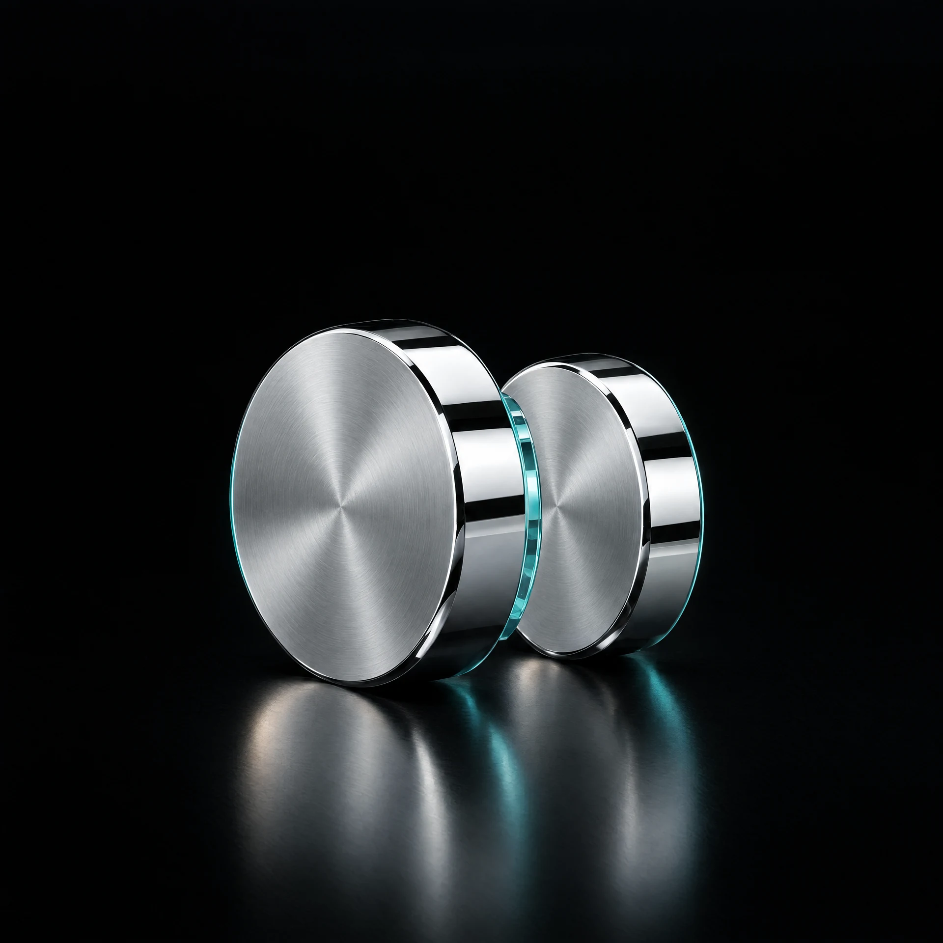 Illustrative pair of polished chrome discs separated by a thin aqua glass panel.