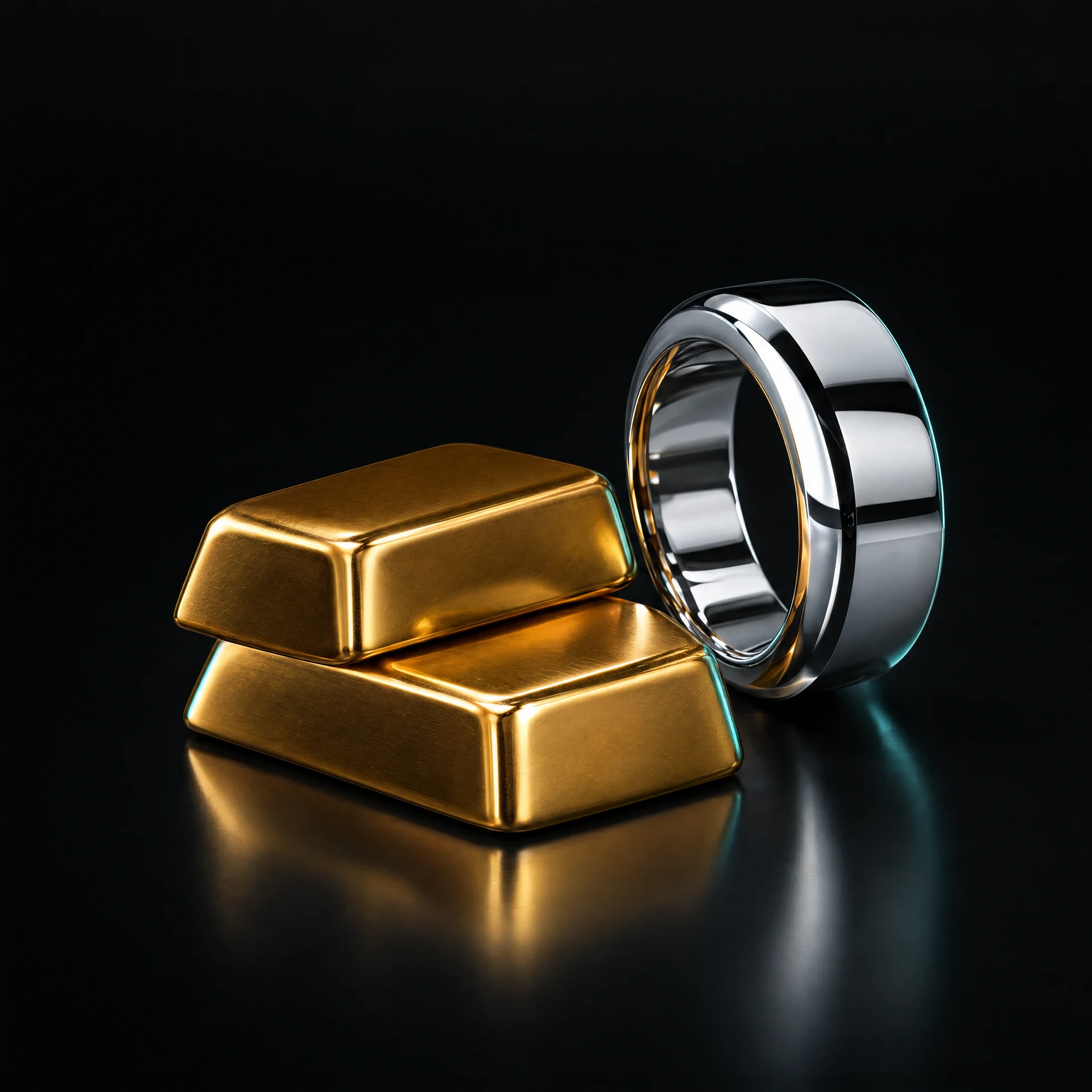 Illustrative gold forms beside a polished chrome ring on a dark reflective surface.