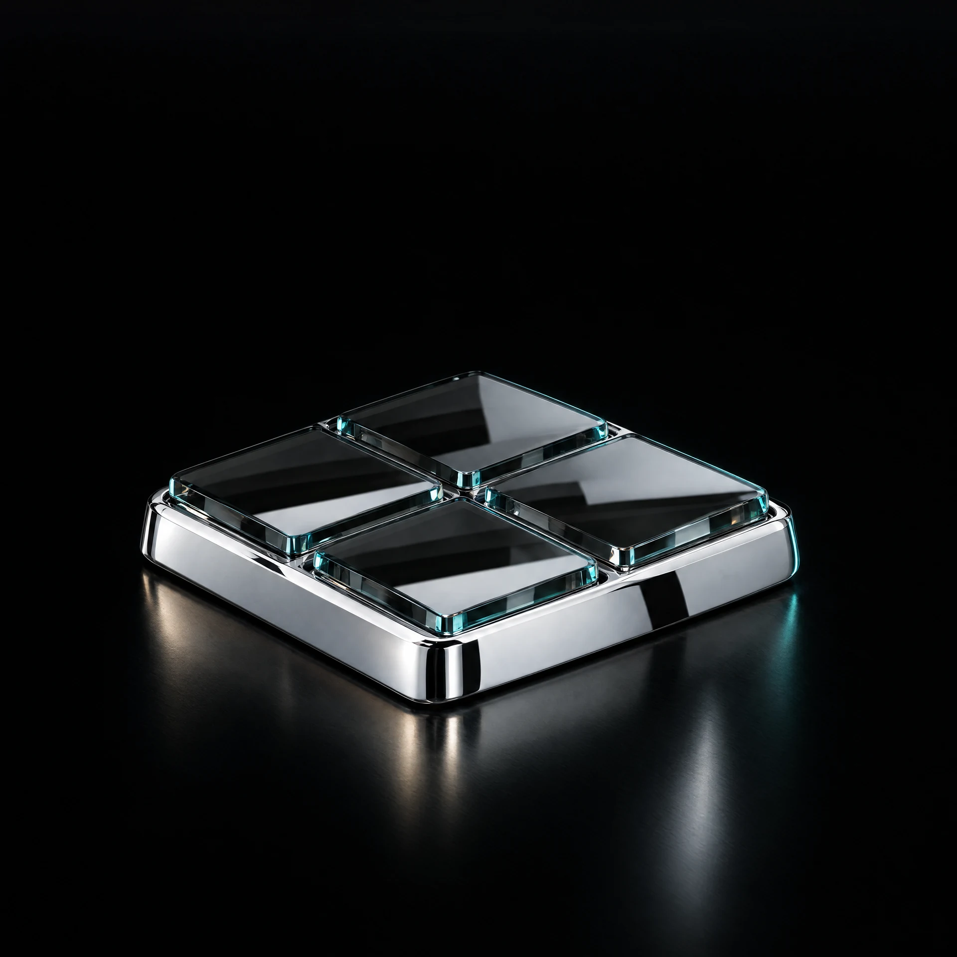 Illustrative group of four smoked-glass tiles held at one level in a polished silver frame.