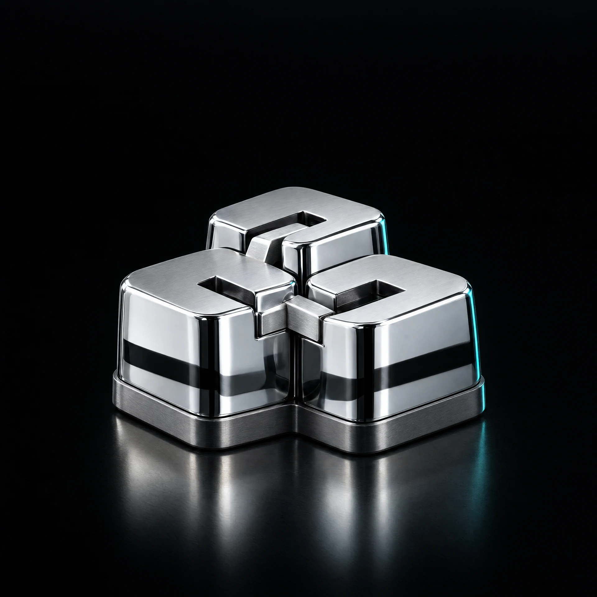 Illustrative assembly of three slotted chrome blocks connected on a common base.